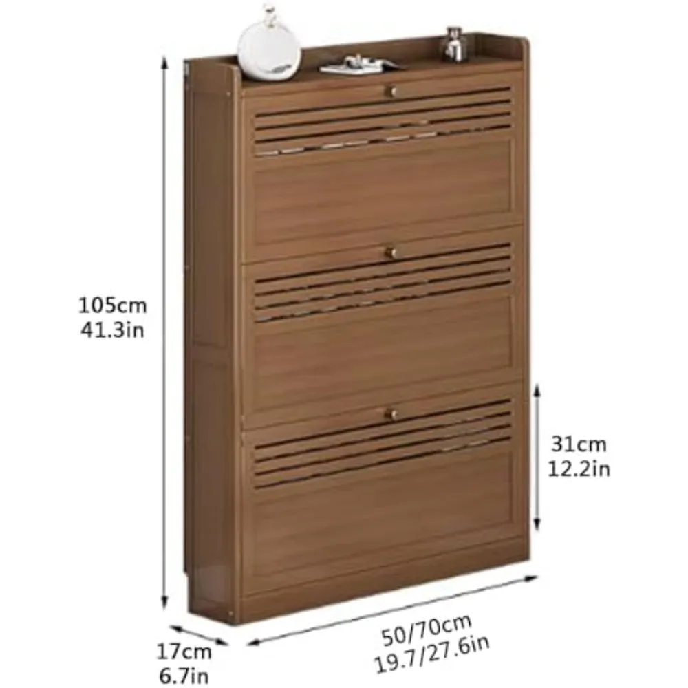 خزانة أحذية ذات درج قابل للطي للمدخل، منظم أحذية من الخيزران مع مساحة تخزين مخفية، خزانة أحذية بثلاثة أدراج للباب المنزلق #2