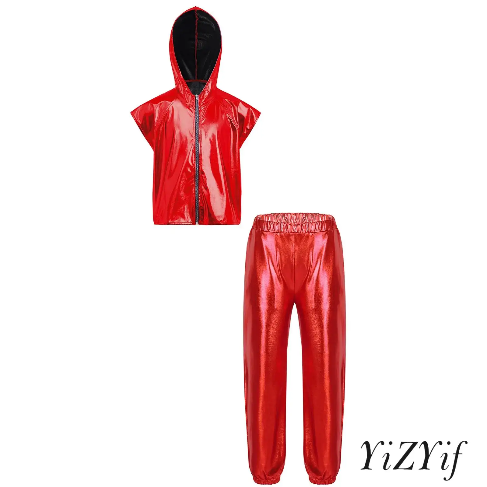 

Girls Jazz Dance Costume Sleeveless Metallic Hooded Vest Top And Elastic Waist Shiny Pants for Hip Hop Dance Stage Performance