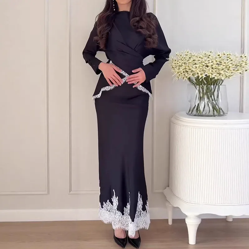 

Office Lady Color Blocked Set Temperament Satin Lace Irregular Tops&Half Skirts Set Elegant Long Sleeve Slim Commute 2 Piece Set