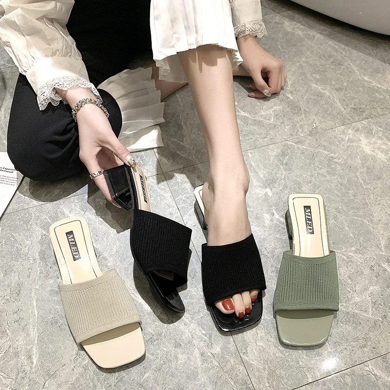 Women's Shoes Slippers Outdoor 2024 Summer Fashion Knitted Stretch Open Toe Thick-soled Heels Half-drag Sandals Ladies Footwear