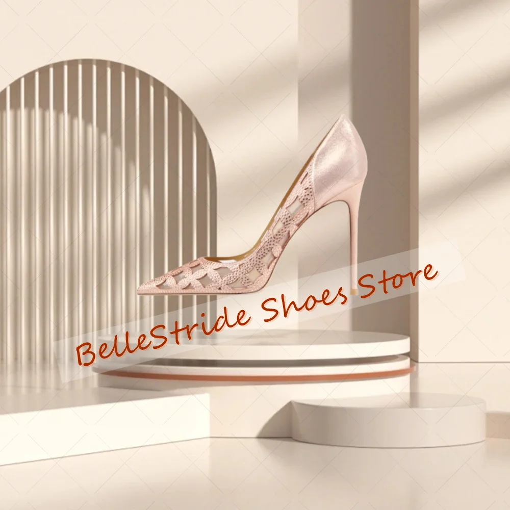 Silver Mesh Hollow Design Crystal Pumps Pointed Toe Women Shoes Thin High Heels Party Banquet Dating 2025 Zapatos Para Mujere