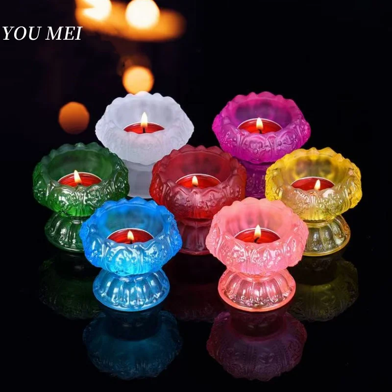 Multicolor Buddhism Hall Ghee Candlestick Holder,Lotus Seed Flower Shape Altars Desk lamps,Liuli Cndle Oil Lamp,Buddhist Item