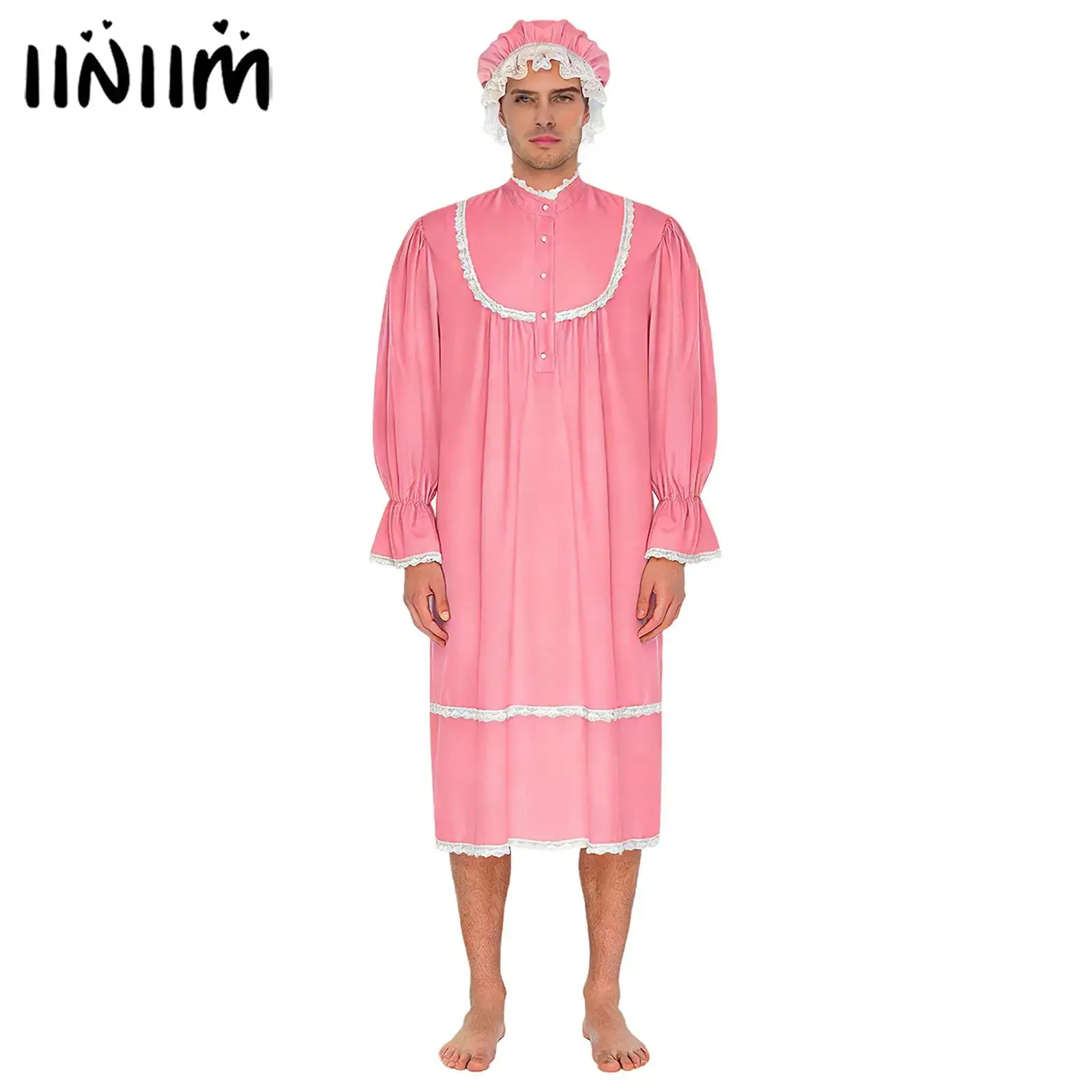 

Mens Vintage Victorian Sissy Nightgown with Hat Long Sleeve Ruffled Cuffs Lace Trim Night Dress Sleep Robe Pajamas Party Costume