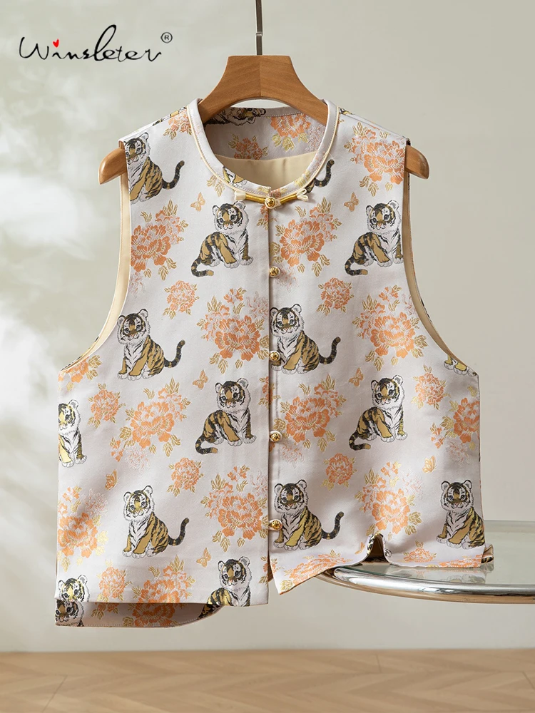 

Winsleter-100%Real Silk Song Brocade Elegant Vest Coat, O Neck Peony Tiger, Women Retro Casual Waistcoat, 2025 Winter C5N738CC