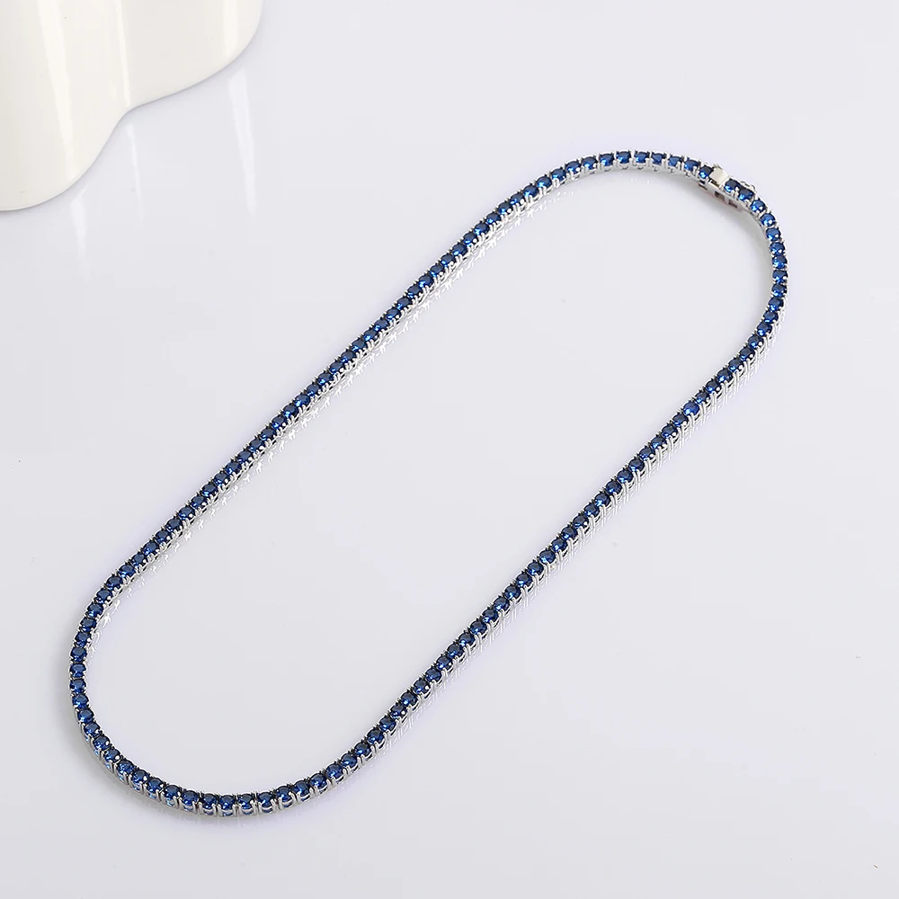 16-24 Inch (41-60cm) Real 925 Sterling Silver Tennis Chain Necklace 3mm Montana Blue Sapphire Zircon Fine Jewelry Choker