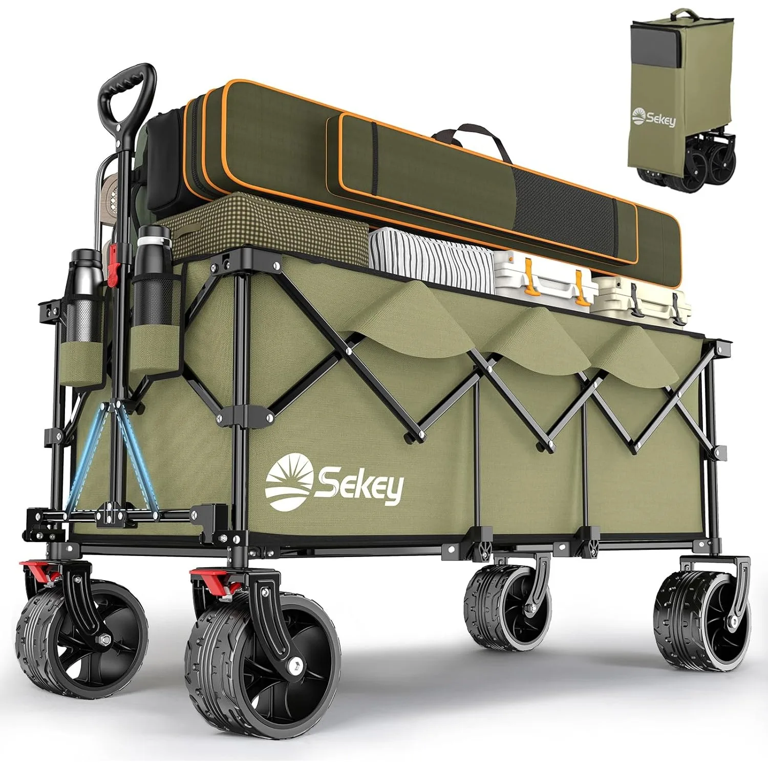 48''L Collapsible Foldable Extended Wagon with 440lbs Weight Capacity, Heavy Duty 300L Folding Utility Garden Cart. Khaki