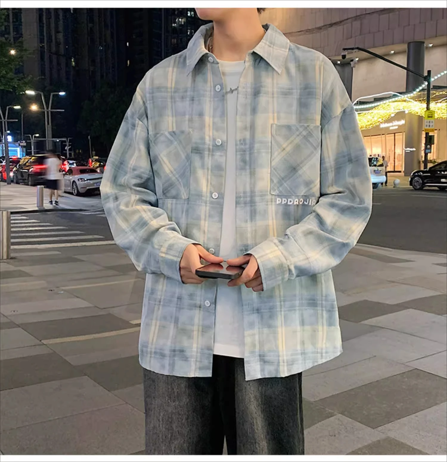2025 Spring and Autumn New Blue Plaid Men's Long Sleeve Shirt American Style Youth Loose High-end Casual Yellow Shirt
