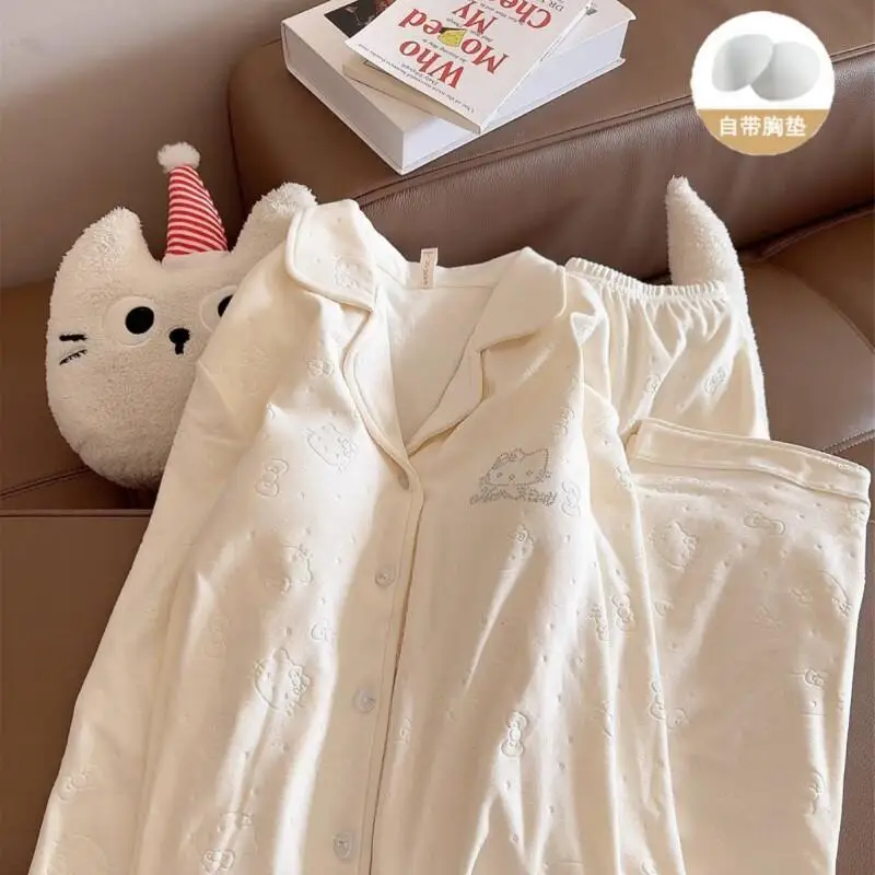 

Sanrio Hello Kitty Autumn Winter Women Pajamas Set Loungewear Set Homewear Sweet Thickened Long Sleeve Pants Lapel Cardigan New