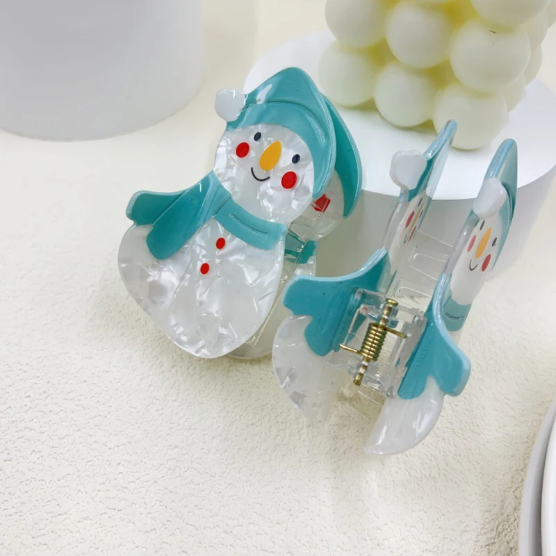 Pince à cheveux en acétate de dessin animé de Noël pour femmes, pince à cheveux de bonhomme de neige bleu mignon, pinces de requin, accessoires de cheveux simples, cadeau de Noël