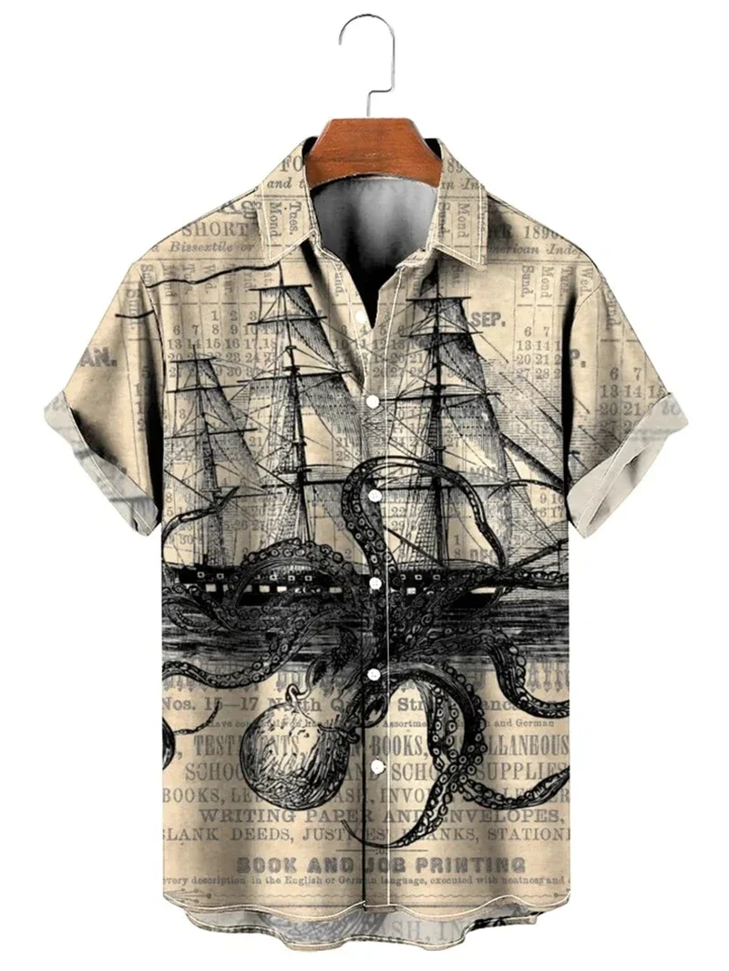 Vintage Shirt for Men 3d Map Printed Short Sleeve Male Shirt Lapel Button Men's Clothing Casual Fashion Tops Oversized Tshirt