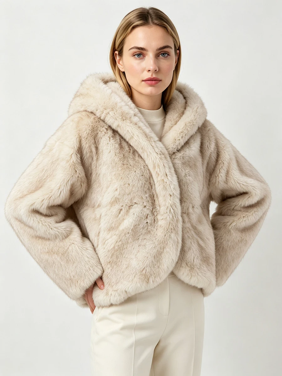LIMO Women  Faux Fur Hooded Jacket Open Front Long Sleeve Cropped Plush Fluffy Warm Winter Casual   Fur Outerwear Coat