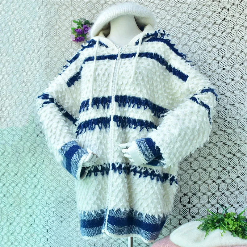 Cárdigan con capucha y cremallera de mezcla de mohair extragrande para mujer, 1.3KG, azul y blanco a rayas, abrigo de punto esponjoso, sudadera con capucha de punto suave, chaqueta.