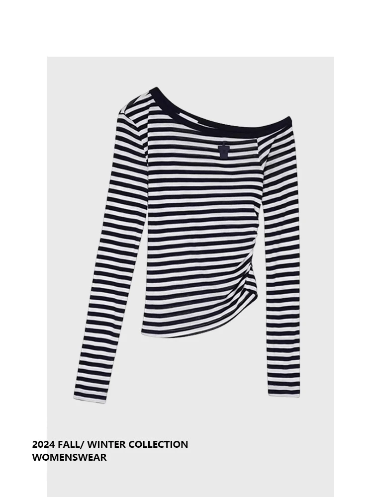 Camiseta Feminina Forever 21 Slim Fit de Manga Longa, Nova Coleção de Verão, Top com Ombro Dobrado e Listras, Tamanhos Grandes para Corpo Tipo Pera
