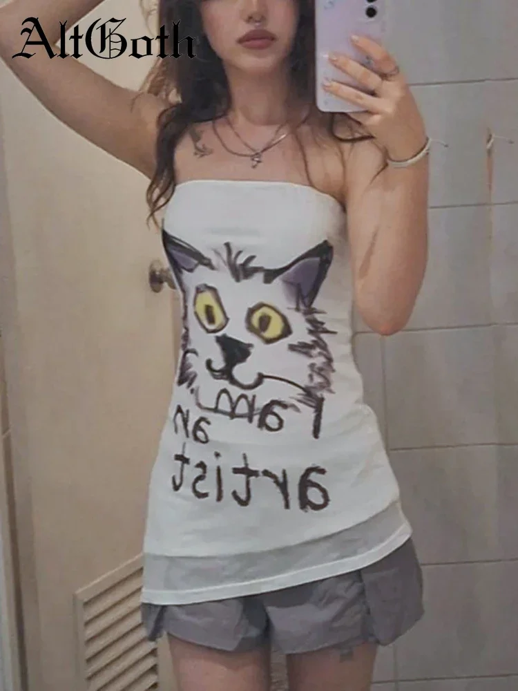 

AltGoth Cute Sweet Y2k Vest Women Pastel Goth Streetwear Cat Printed Mesh Patchwork Strapless Tank Top Aesthetic Kawaii Clothes