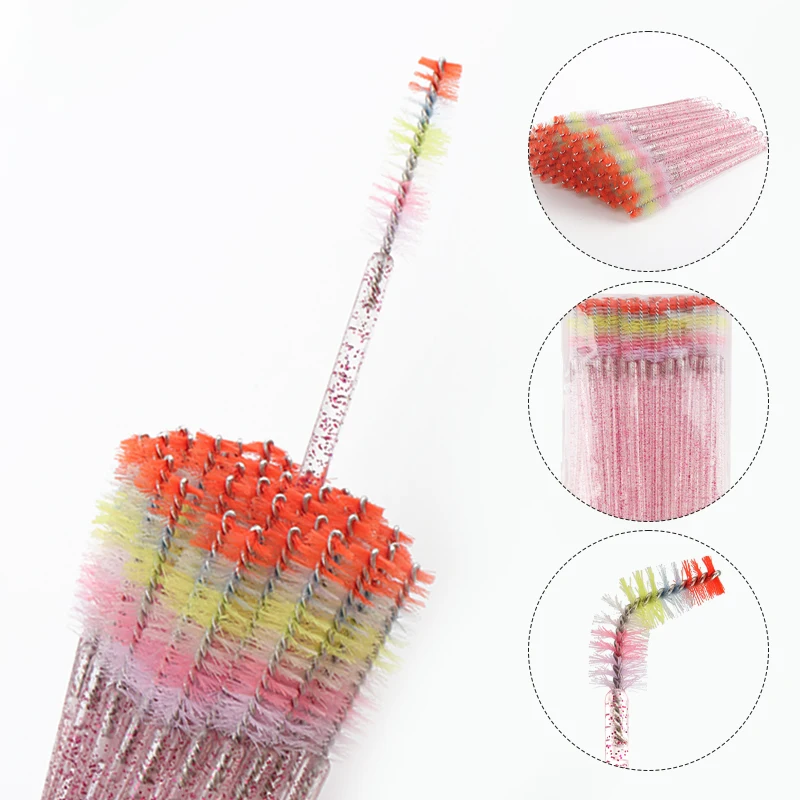 Brosse à cils arc-en-ciel mignonne, peigne pour sourcils, microbrosse, baguettes de mascara, Végét, fournitures d'extension de cils, outil de maquillage, 50 pièces