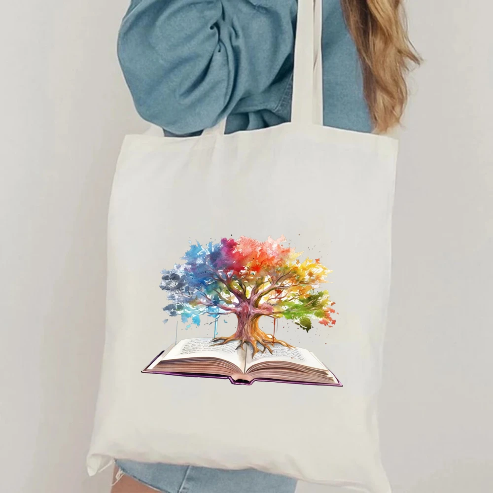 Rainbow Tree Growing From Book Canvas Shoulder Bag Handbag Featuring Colorful Foliage & Open Book Design for Student Women Men