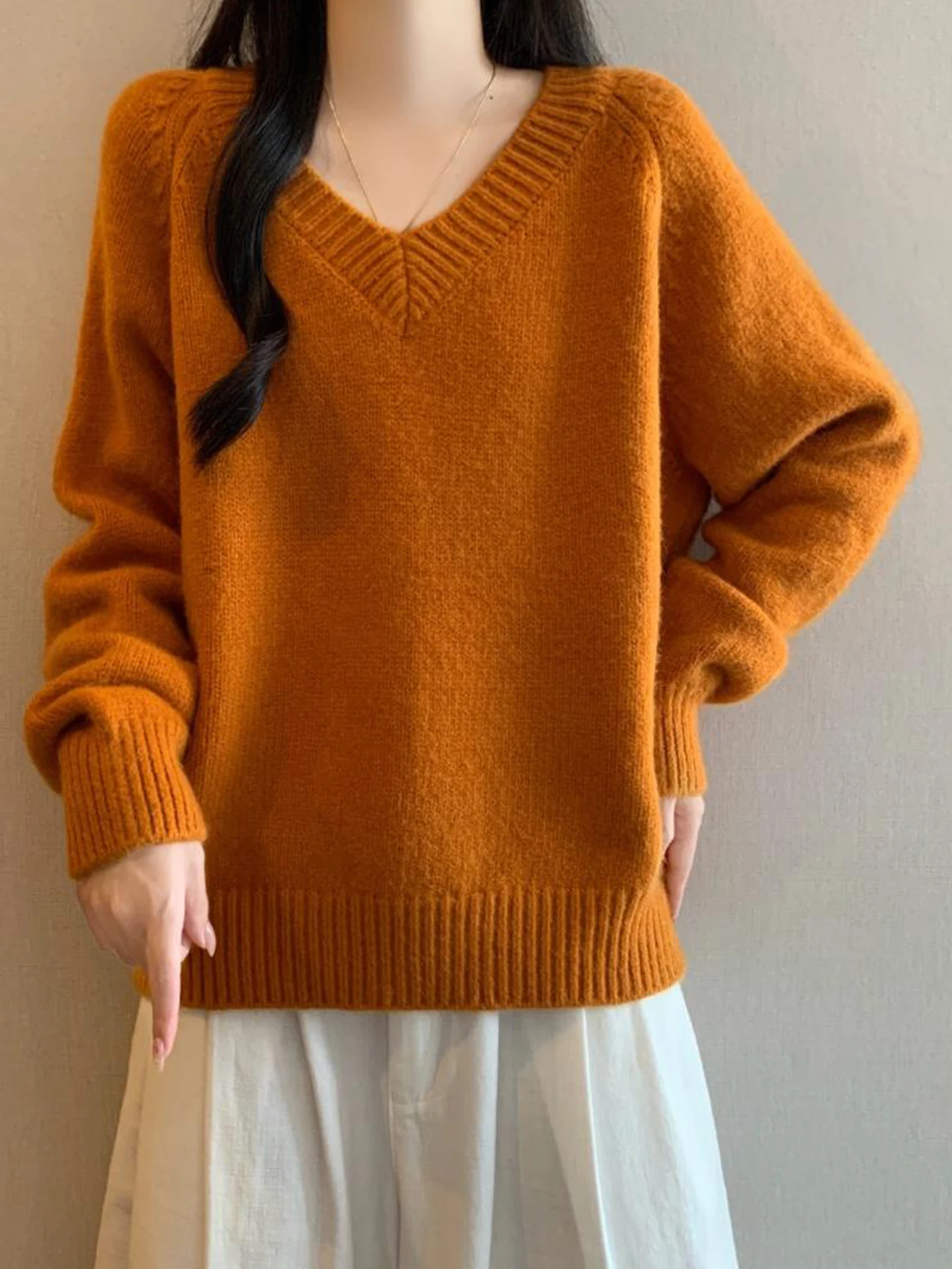 

Loose V-Ne Orange Sweater Women's Autumn Winter plus Size Soft Inner irt Top Comfortable Lazy Sle Faion Commute