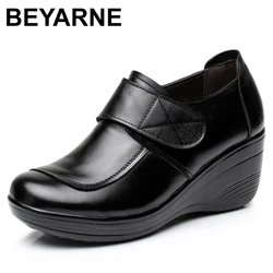 Spring Autumn Women's Pumps Shoes Woman Genuine Leather Wedge Casual Shoes Mother High Heels Fashion Hook Loop Platform Shoes