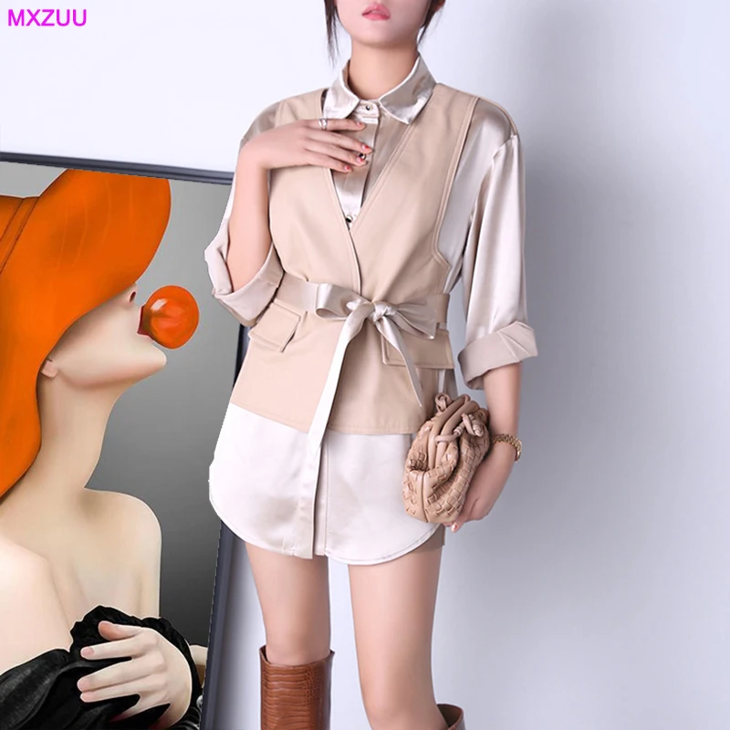 Women Sheepskin Stitching Acetate Fake Two-piece Shirt Colete Feminino Genuine Leather Trench Coat With Lapel Long Sleeve Top