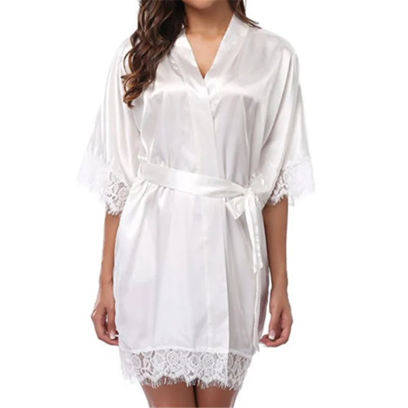 Women Sexy Robes Silk Satin Poplin Lace Robes Ladies Wedding Bridesmaid Bride Gown Kimono Solid Robe Bathrobe Sleepwear