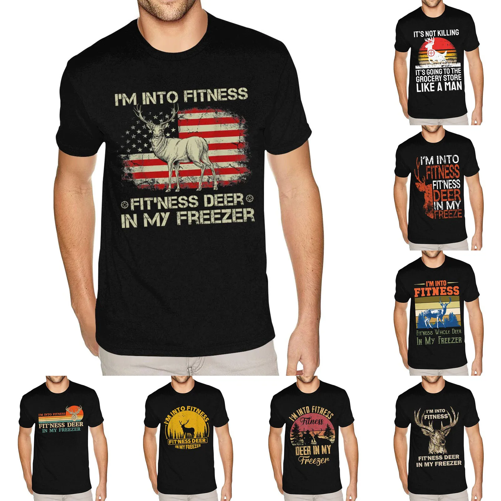 Deer I'm into Fitness Fitness Deer In My Freezer US Flag Tees Men's Top Quality Short Sleeves Full Cotton O-neck Tees Shirts