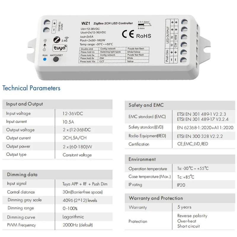 WZ1 Tuya LED Controller ZigBee 2CH * 5A Wireless RF Dimmer RT1 RT2 TW1 TW2 DC12-24V 36V per lampada a striscia LED CCT monocolore