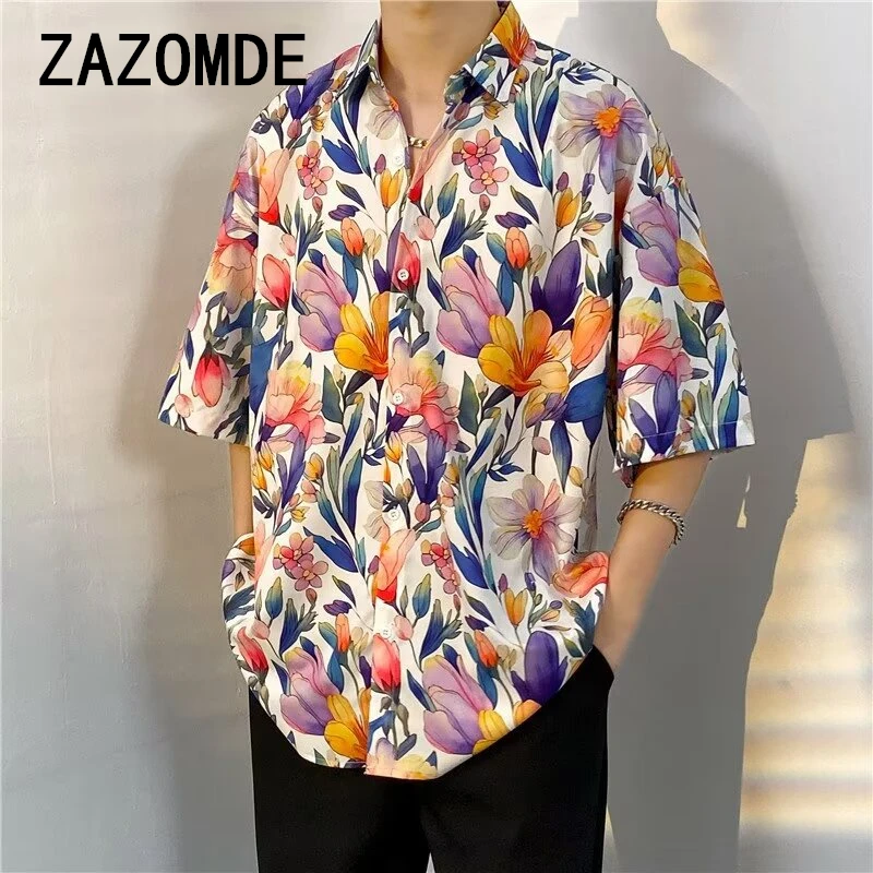 Zazomde Zomer Korte Mouwen Bedrukt Overhemd Strand Persoonlijkheid Paar Tops Retro Hiphop Mannen Losse Casual Shirts Hawaiiaanse Kleding