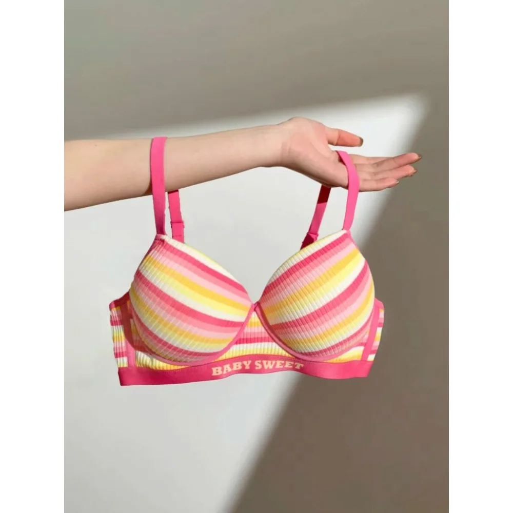Regenbogenfarbener, gestreifter, nahtloser BH für Damen, Push-Up, Anti-Sagging, seitliche Brustunterstützung, dünner Cup, Minimizer, ohne Bügel, Größe S-XL
