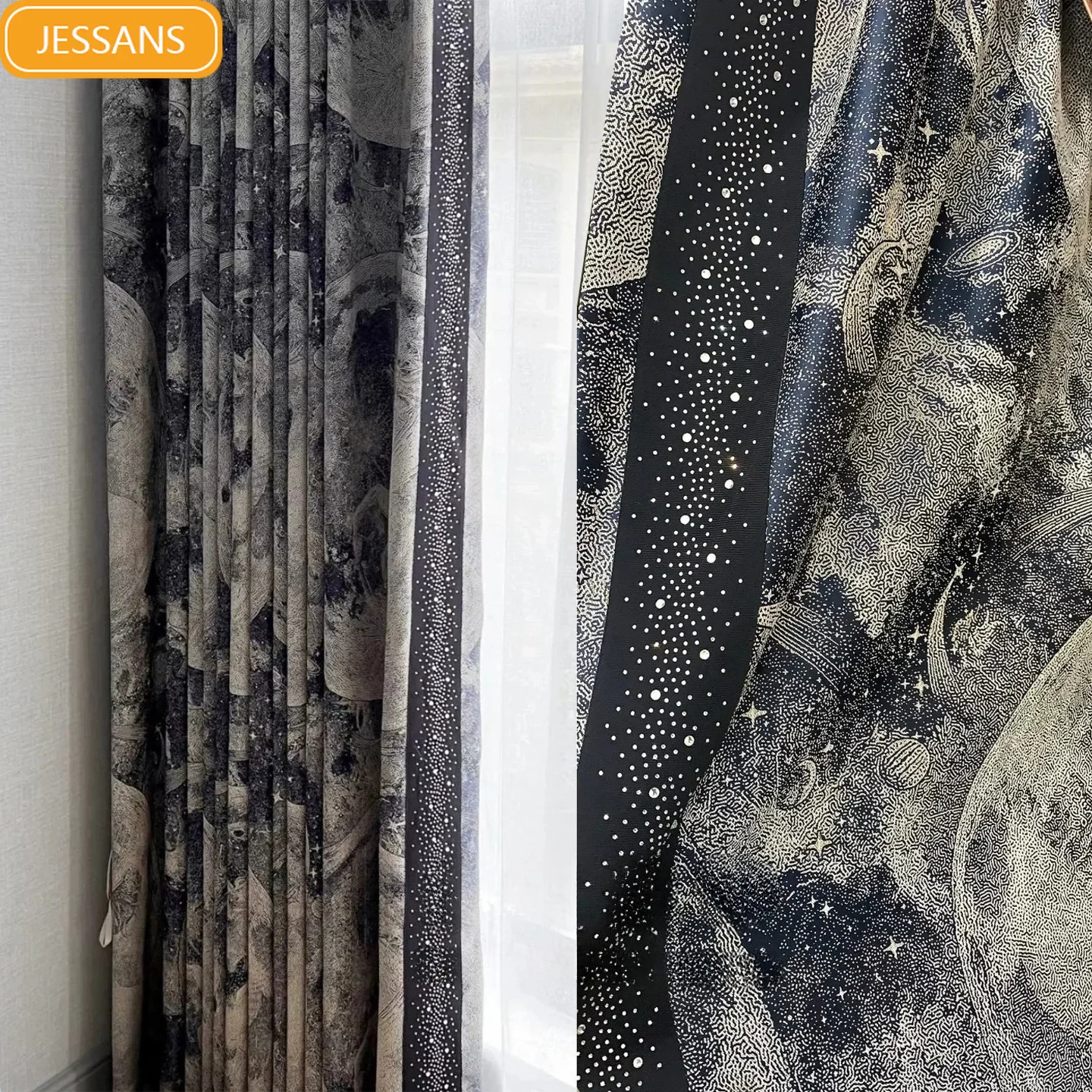 Customized Deep Blue Space Jacquard Diamond Lace Splicing Curtains for Living Room Bedroom Partition Curtains Finished Products