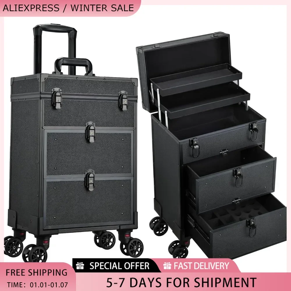 Rolling Makeup Train Case with 2 Extra Large Drawers Nail Organizer Case with Wheels with 2 Trays Traveling Cosmetology Case