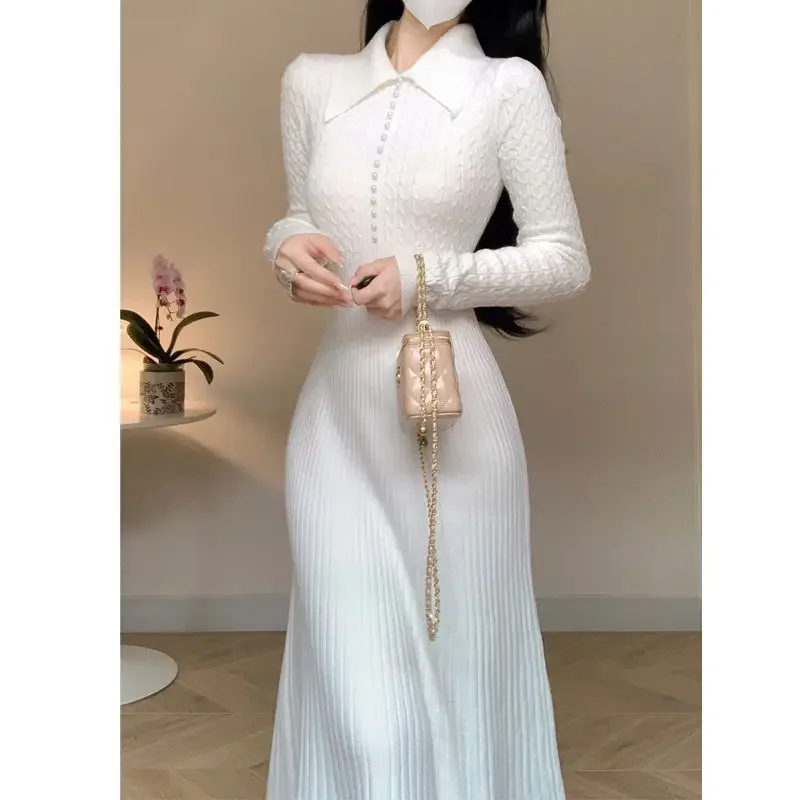 Gagaok Französisch Stil Frauen Kleid Elegante Sanfte drehen-unten Kragen Abnehmen Gestrickte Kleider Frauen Süße Solide Bodycon Vestidos