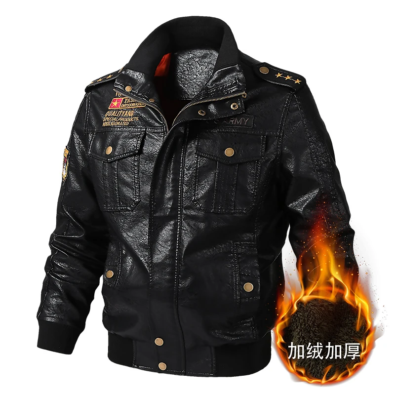 Men Classic Winter PU Leather Jacket Fleece Thicken Motorcycle Biker Outwear Windproof Wear-resistant Anti-wrinkle Overcoat