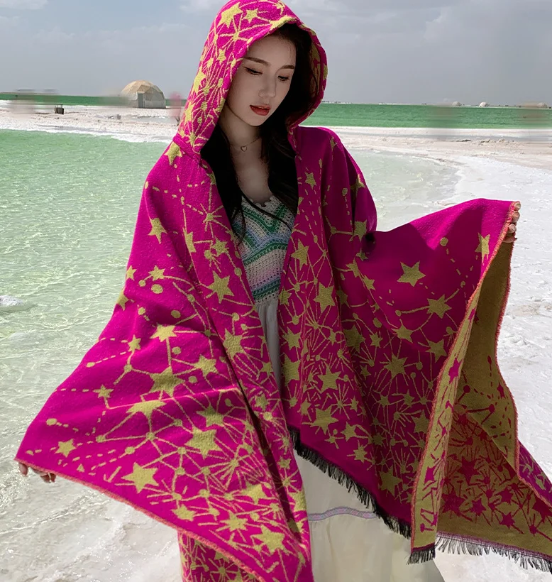New Poncho Winter imitate Cashmere Women Vintage Preppy Print Hooded Cape Warm Femme Cloak Para Mujer Pashmina Wrap