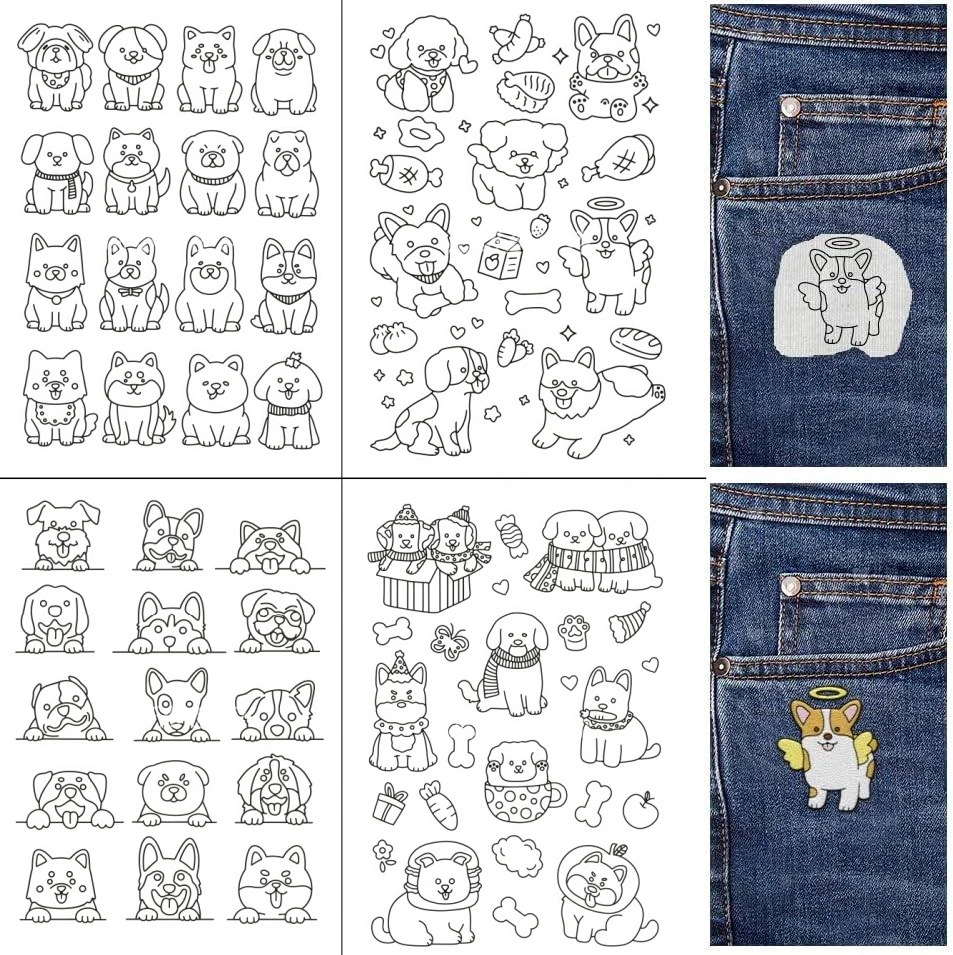 4 Blatt Corgi-Hund Stickerei-Stabilisator - Wasserlösliches Selbstklebendes Papier für DIY-Basteleien