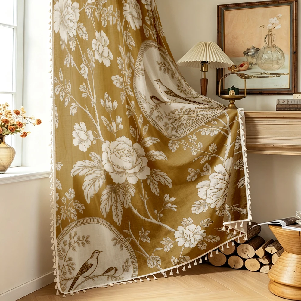 1PC Vintage Tassel Sheer Curtains, Brown Peony Bird Chinoiserie, Digital Print, Linen Polyester, Living Room Bedroom Decor
