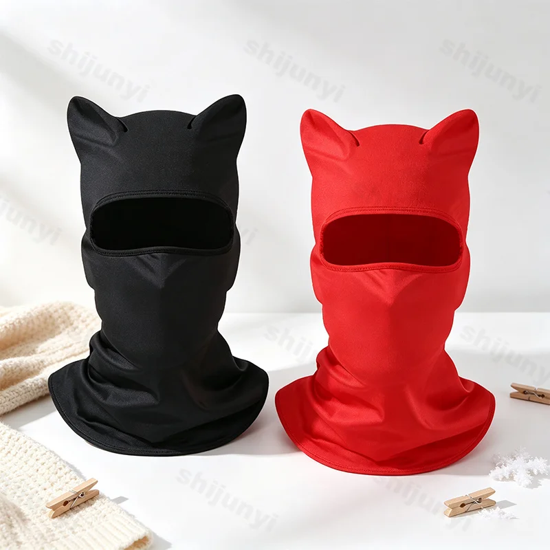 Cute Cat Ear Balaclava Face Mask Hat Full Face Cover Breathable Neck Gaiter Outdoor Sports Motorcycle Skiing Hat for Men Women