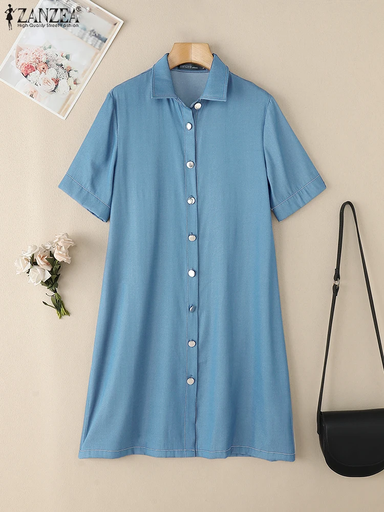 ZANZEA 패션 여름 드레스 데님 블루 Sundress 여성 빈티지 옷깃 넥 짧은 소매 작업 Vestidos 캐주얼 솔리드 버튼 드레스