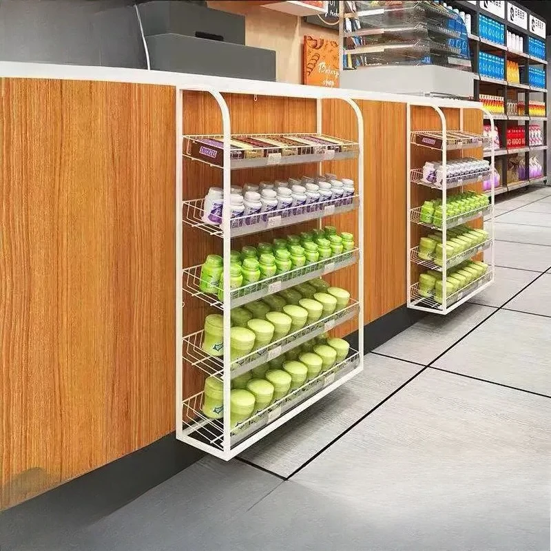 Small shelves in front of the bar, small shelves in supermarkets, small shelves in convenience stores, checkout pages