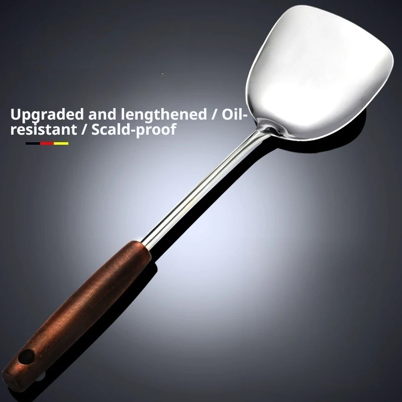Edelstahl-Küchenutensilien-Set mit Holzgriffen, inklusive langer Pfannenwender, Schöpfkelle, Lochkelle und Löffel für Wok, Rührbraten und Suppen
