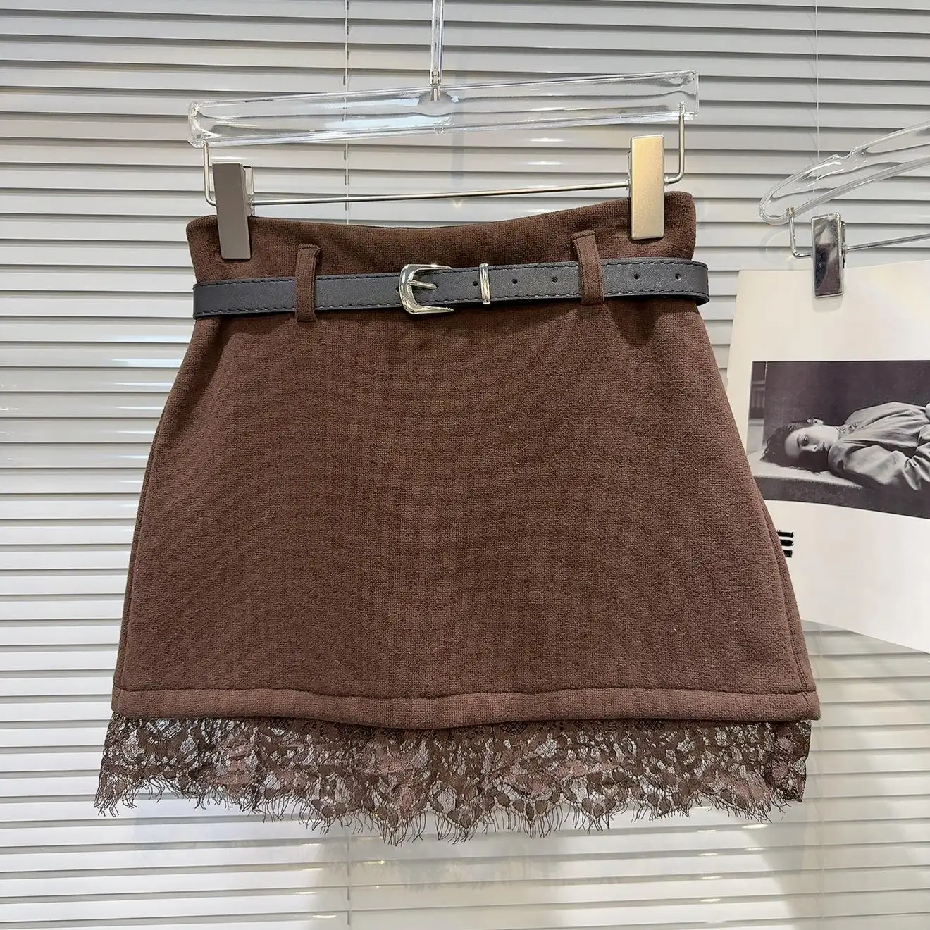 Thiened Fce ort Skirt with Belt Design Lace  for Women Winter New Sle Name Lady f Body Skirt A-Line Silhouette