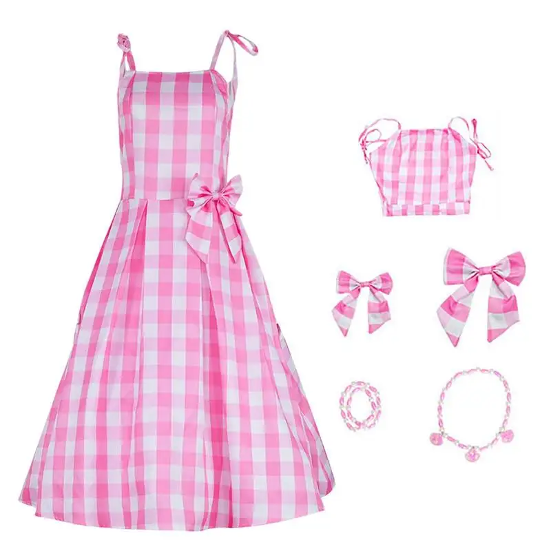 Pink And White Plaid Dress Summer Off-Shoulder Dress With Accessories Retro Style Movie A Line Plaid Dresses For Comic Con