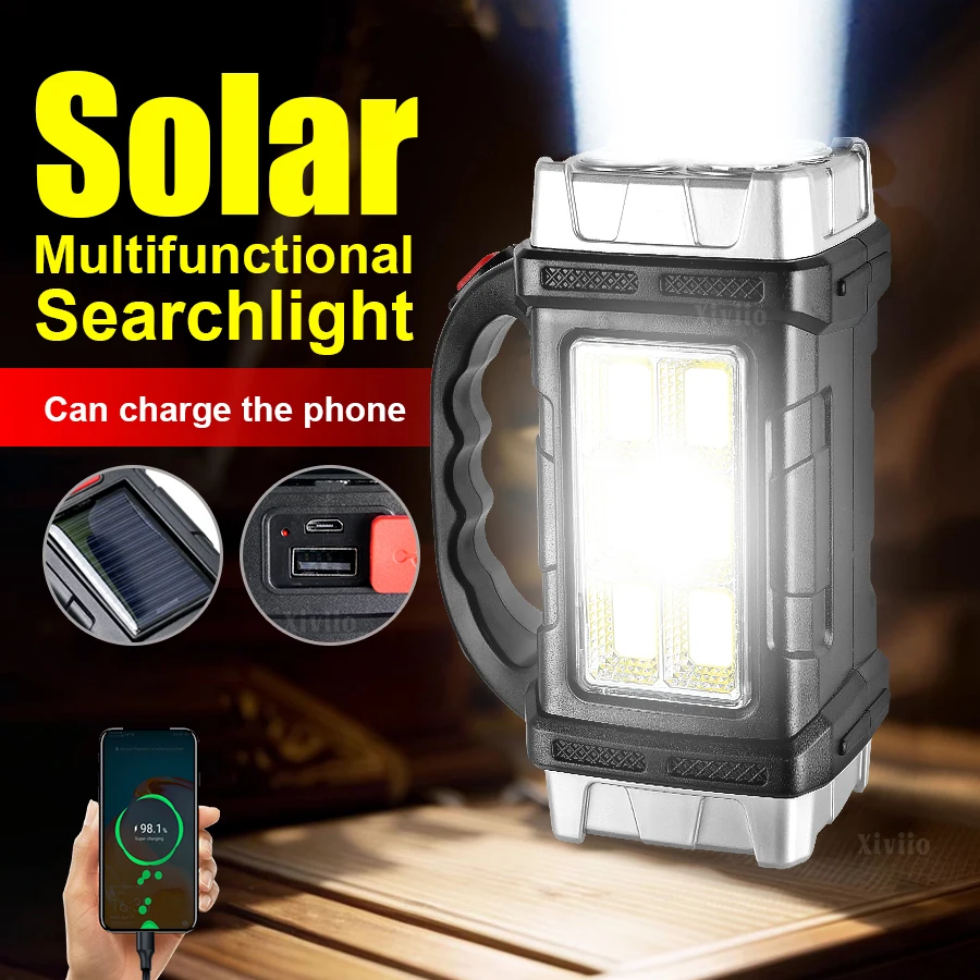 Solar Rechargeable Spotlight Powerful USB Rechargeable Flashlights with 6 COB Work Light Power Bank Camping Lamps Searchlight
