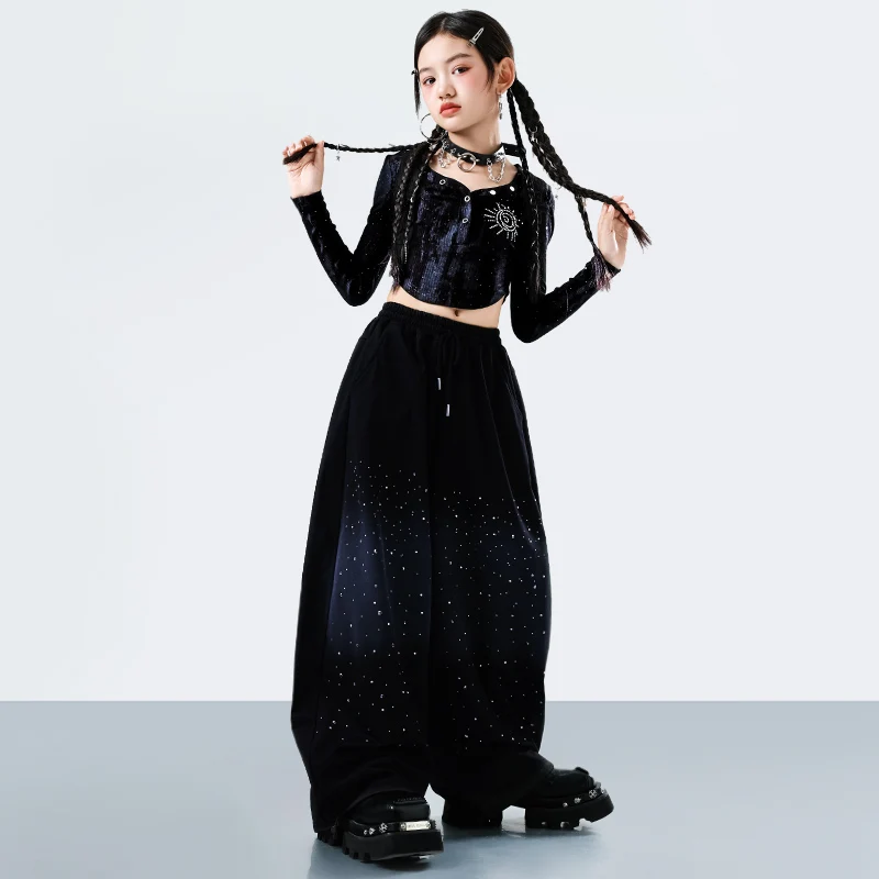 Moda dziecięca streetwear hiphop taniec rap ubrania dziewczęce hip hop koszulka z długim rękawem spodnie zestaw strój na występy sceniczne dla dzieci