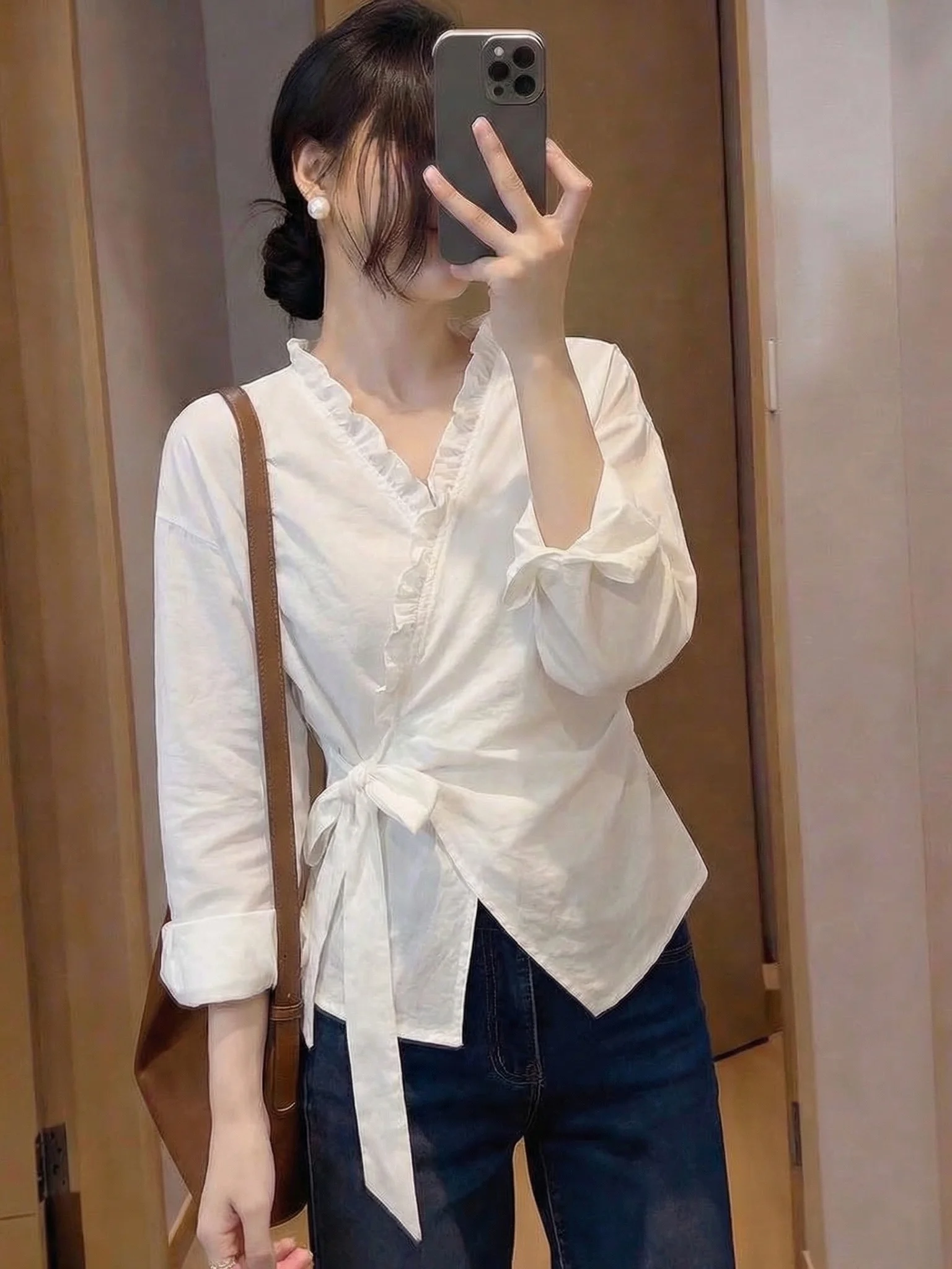 

V-Neck Pleated Shoulder Women's Shirt Loose Fit Korean Style Spring New plus Size Waist-Cinched Asymmetrical Top