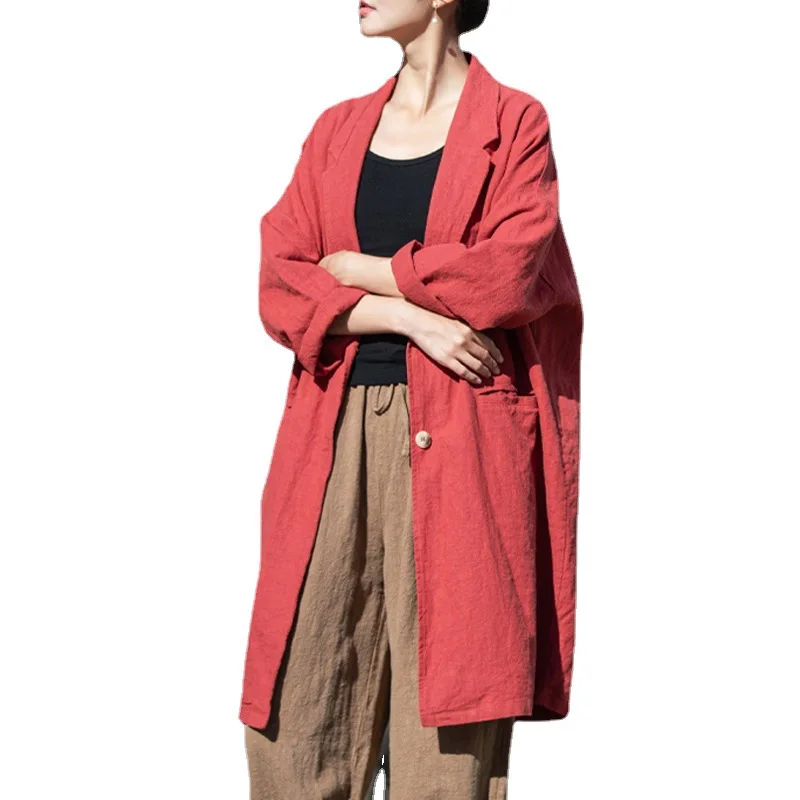 New Arrival 2025 Spring Autumn Women Single Breasted Notched Collar Long Blazers Good Quality Vintage Cotton Linen Coats Y198