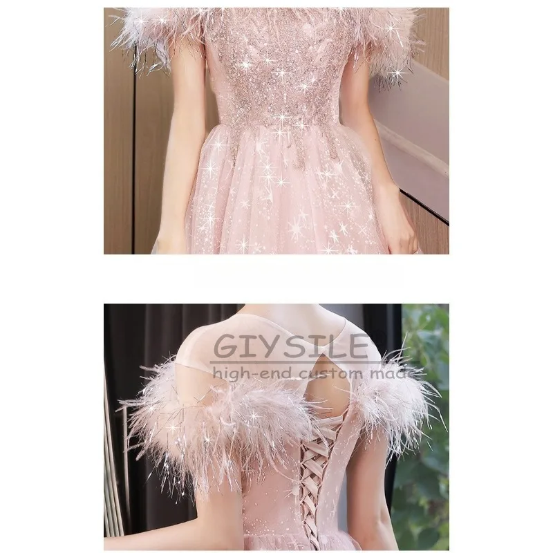 GIYSILE カスタマイズされたピンクのスパンコールフェザーイブニングドレス女性 2025 新ファッションプリンセスパーティー A ラインストラップバックショルダークランプ