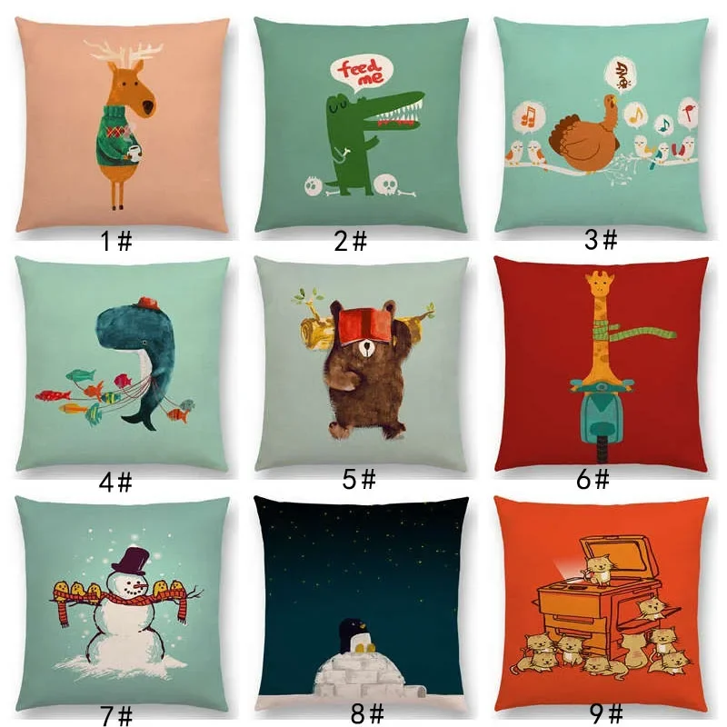 Latest Funny Cartoon Cute Animals Good Friends Cat Birds Polar Bear Cushion Cover Giraffe Crocodile Colorful  Pillow Case