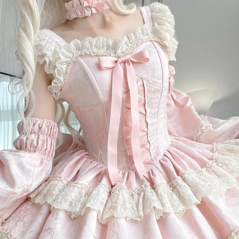 النمط الياباني الحلو لطيف فستان جرلي دعوى النساء Kawaii الخصر الربط الحمالات منتفخ فستان سليم بلا أكمام الوردي قطعتين مجموعة