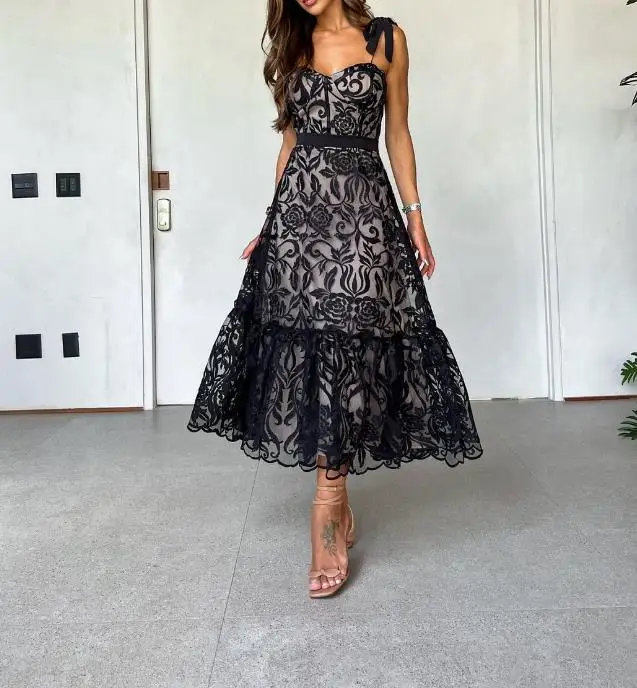 2023 New Sexy Mid Length Skirt Printed Temperament Lace See Through Camisole Sleeveless Sweetheart Party Sling Dress for Women