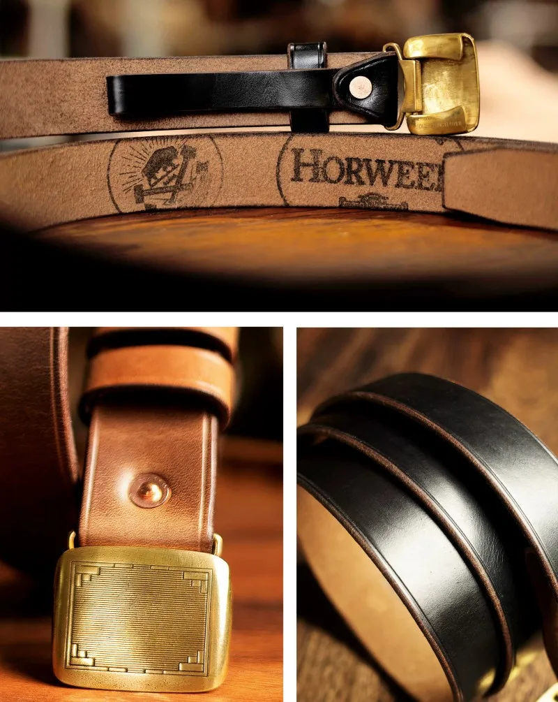 Horween Genuine Leather Belt Unisex Solid Brass Hinge Buckle Handmade Vintage Gentleman Casual Waist Belt
